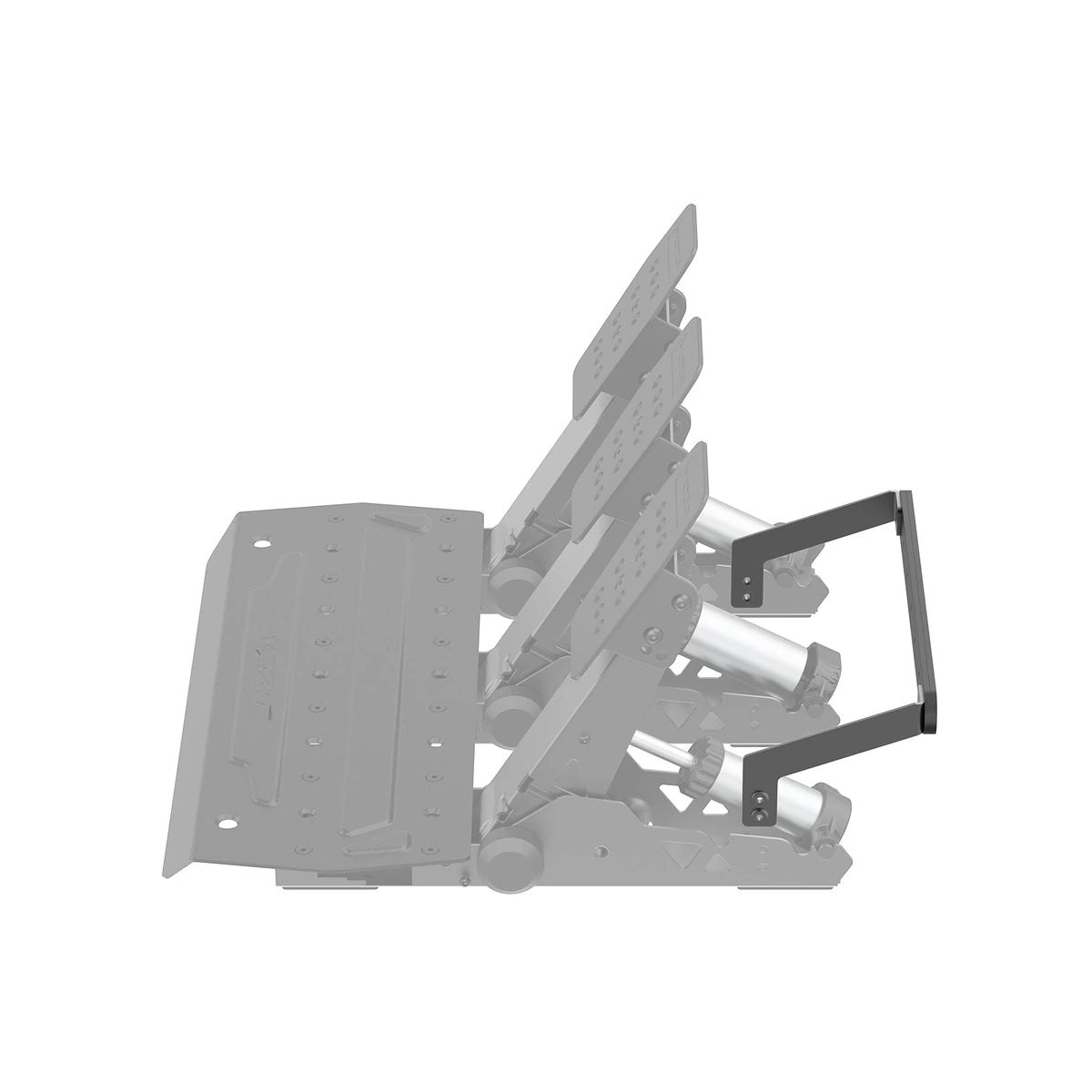 Moza SRP2 rear support bracket side view showing it bracing the pedals against a wall