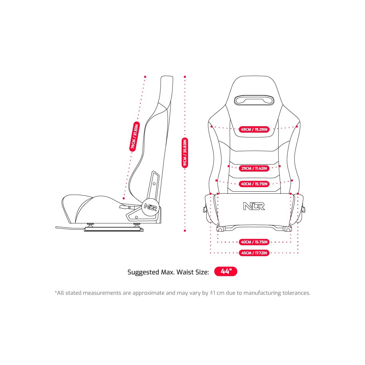Next Level Racing ERS3 seat dimensions diagram with shoulder, waist and hip measurements