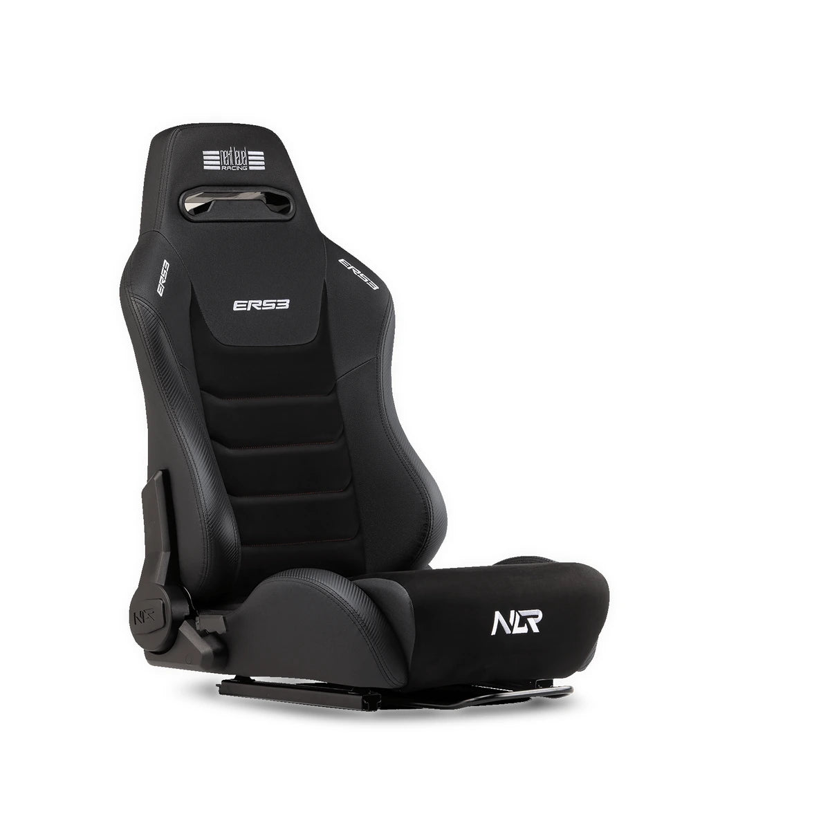 Next Level Racing ERS3 sim racing seat, PU Leather and Suede Edition, three-quarter view on its sliders