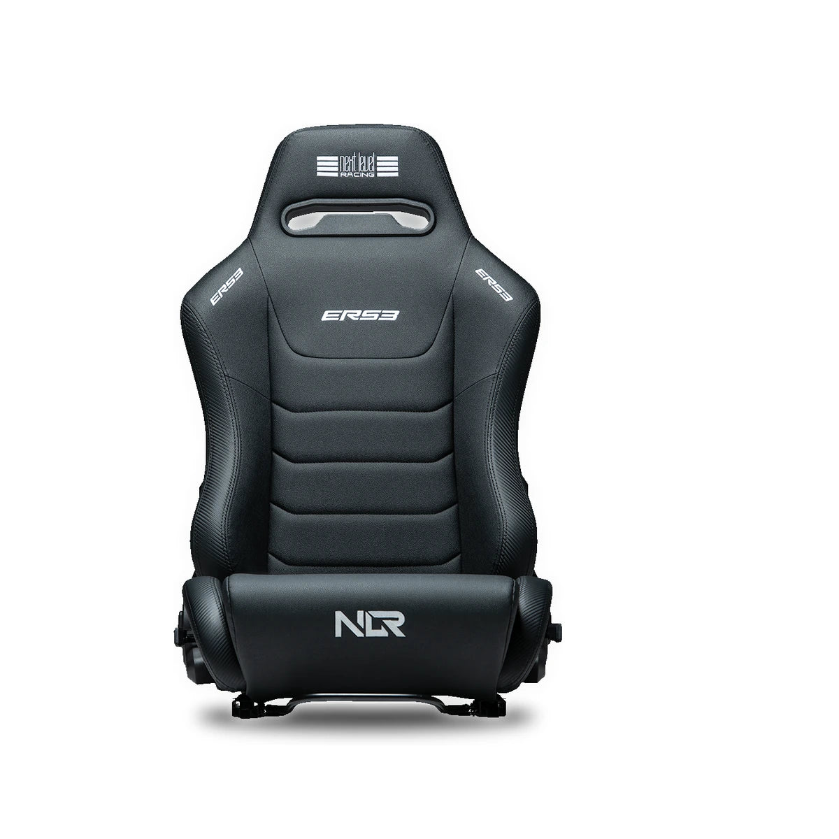Next Level Racing ERS3 Elite reclining sim racing seat, PU Leather Edition, front view on dual sliders