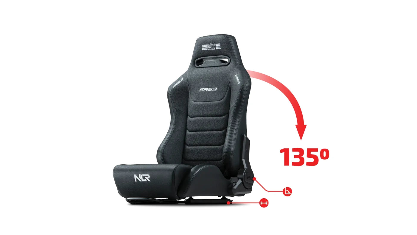 Next Level Racing ERS3 seat recline diagram showing the backrest adjusting through 135 degrees