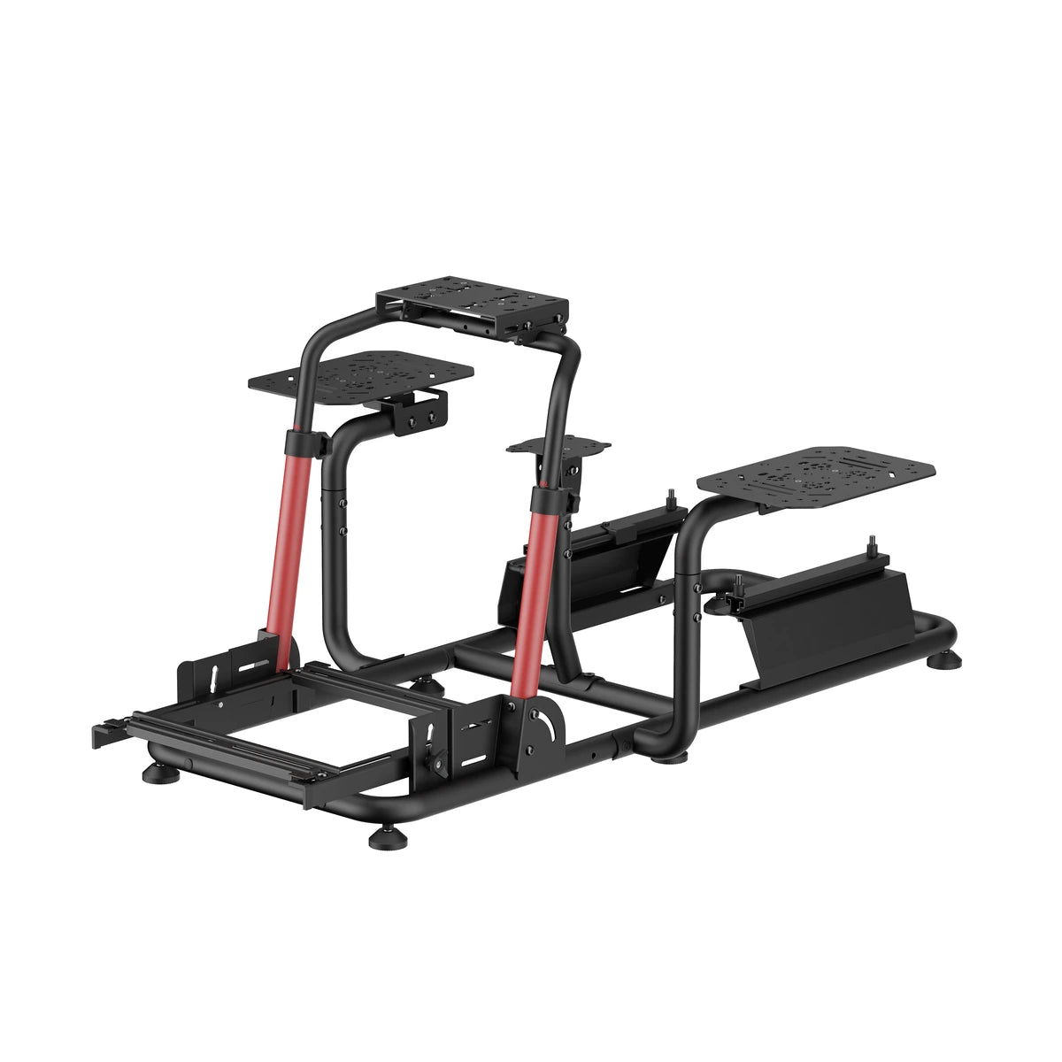 Playmax flight sim stand frame showing the angle-adjustable pedal plate and rear rails