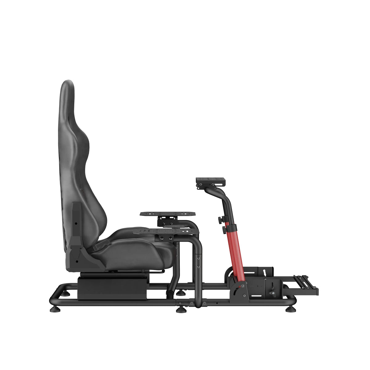 Playmax Flight Simulation Chair and Stand, side profile showing the seat slide rail and red uprights