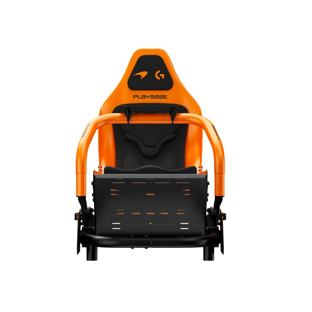Playseat Formula Instinct McLaren Racing Edition, front view of the pedal plate and seat with McLaren and Logitech G logos