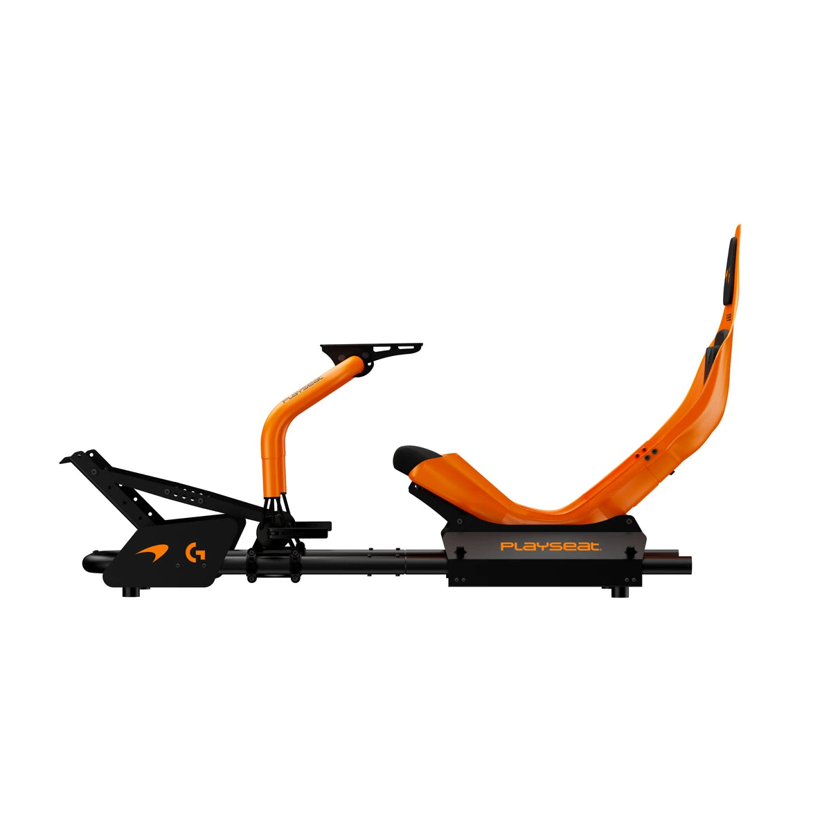 Playseat Formula Instinct McLaren Racing Edition, right side profile with wheel deck and adjustable pedal plate