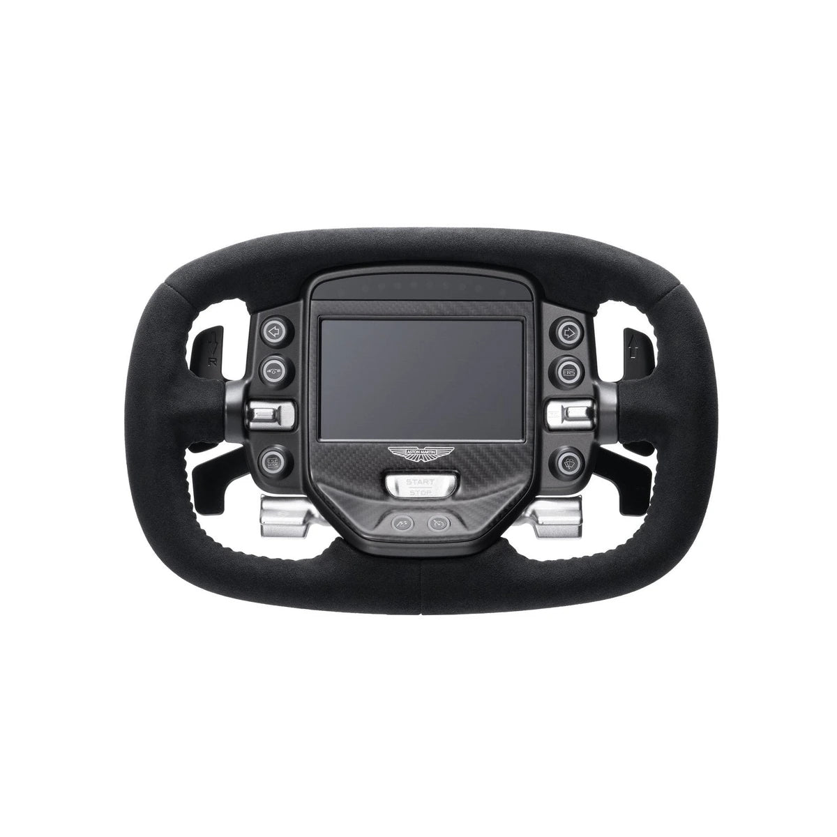 Simagic Aston Martin Valkyrie steering wheel, front view with screen off, carbon fibre face and Aston Martin wings