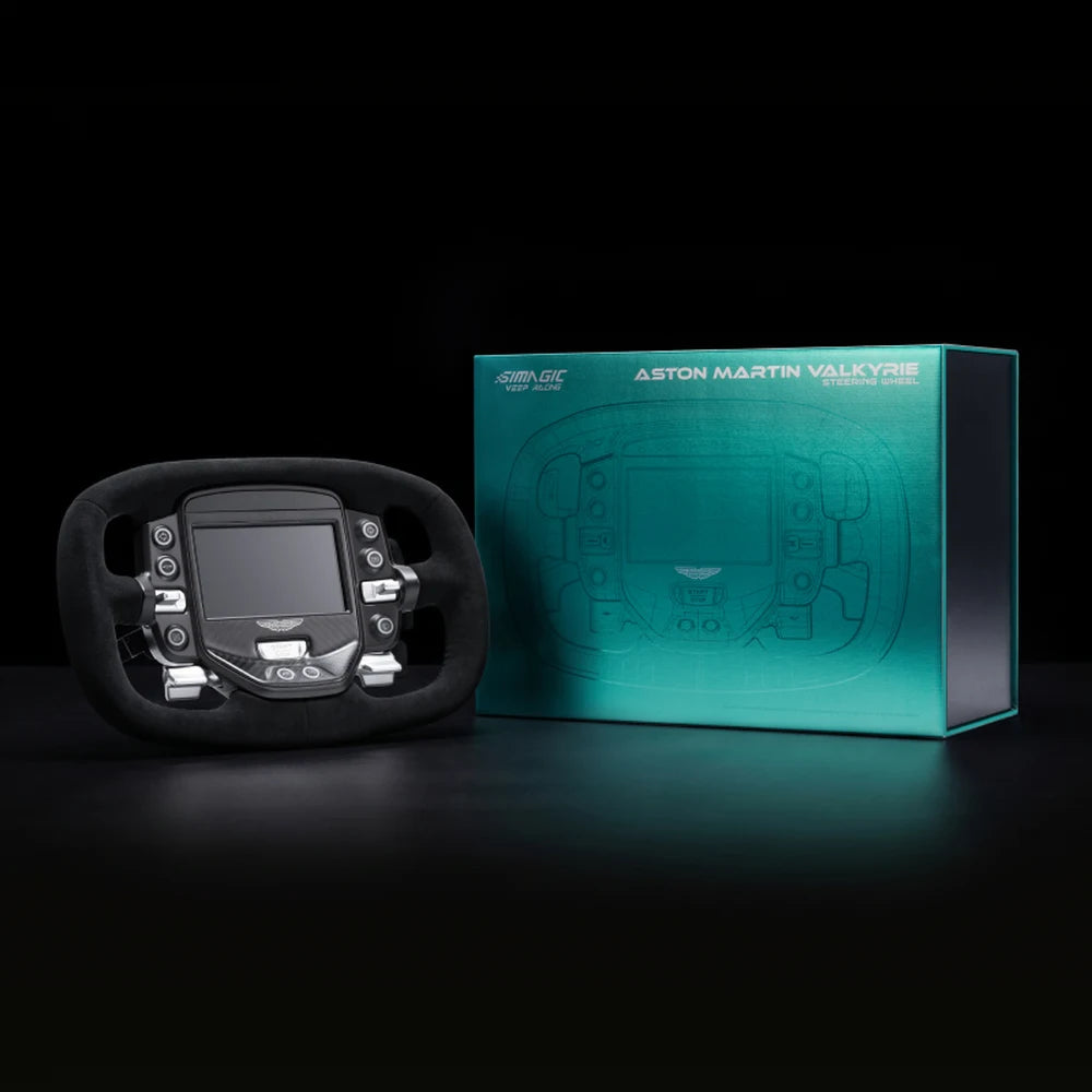 Simagic Aston Martin Valkyrie steering wheel beside its teal Aston Martin presentation box