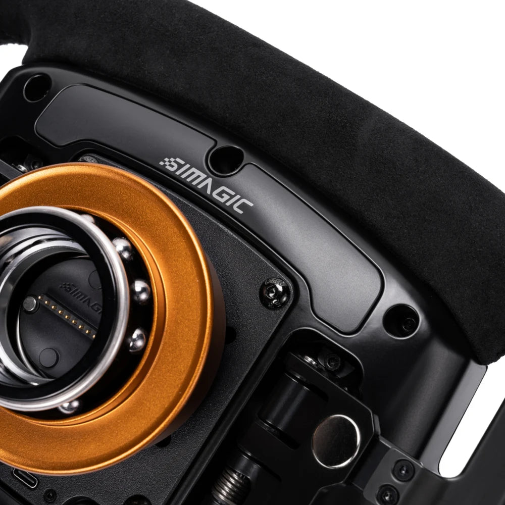 Simagic Aston Martin Valkyrie steering wheel, close-up of the rear quick release and magnesium alloy housing