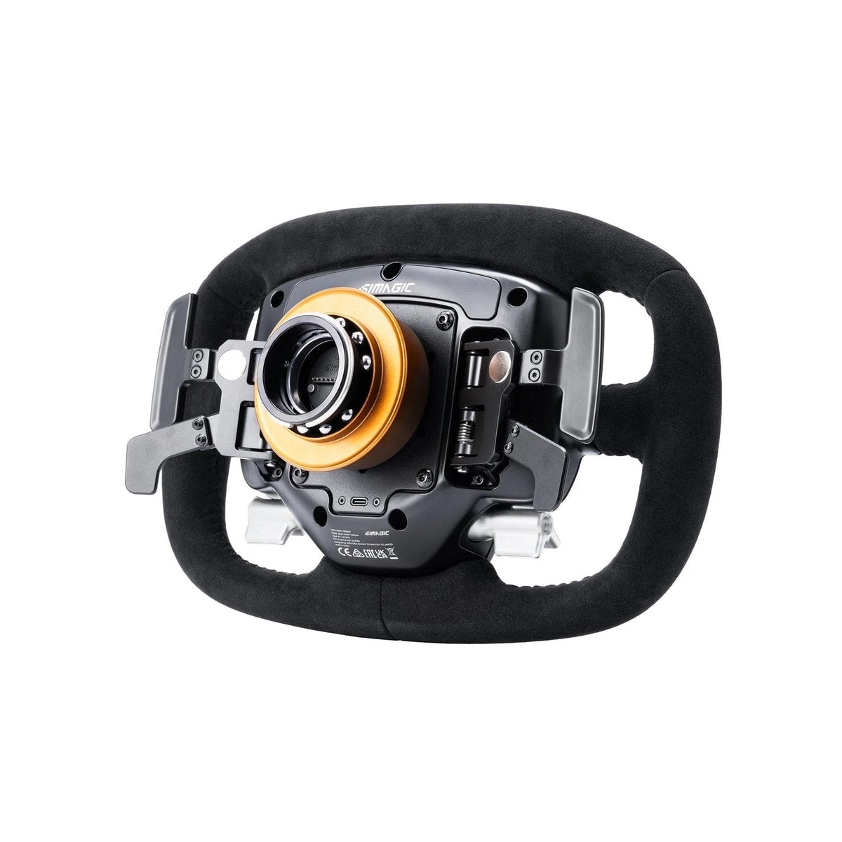Simagic Aston Martin Valkyrie steering wheel, rear view of the magnesium housing, paddles and AM QR50 quick release