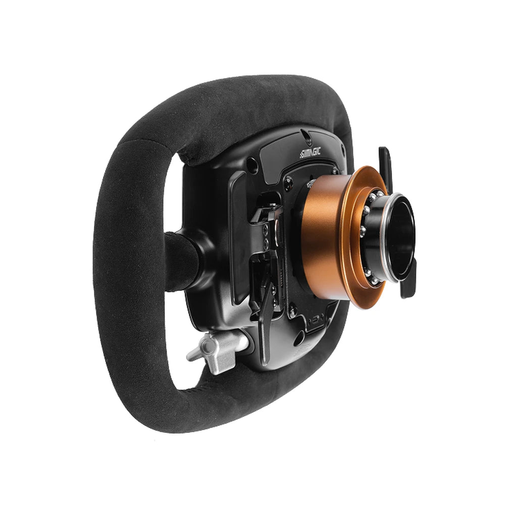 Simagic Aston Martin Valkyrie steering wheel, rear side view showing the quick release hub and shift paddle