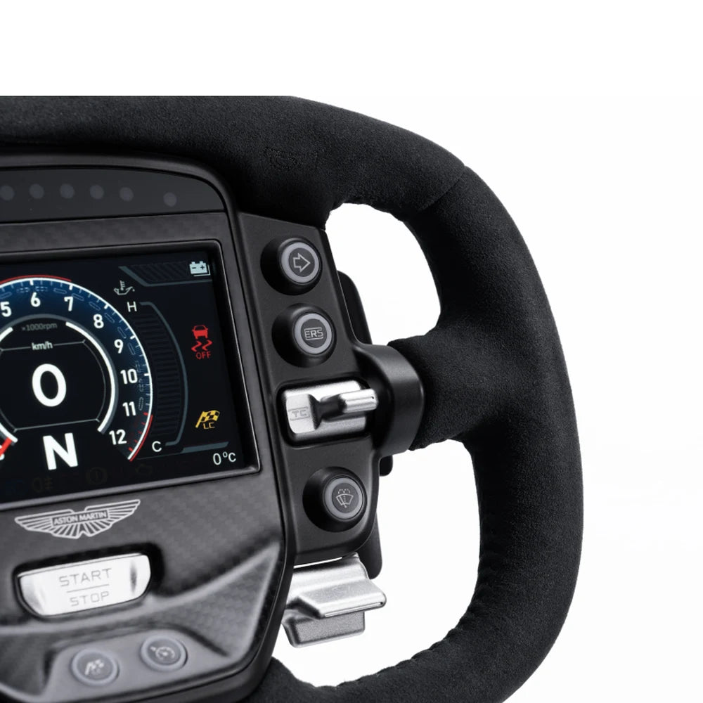 Simagic Aston Martin Valkyrie steering wheel, close-up of the touchscreen, Start/Stop button and self-centring stalk