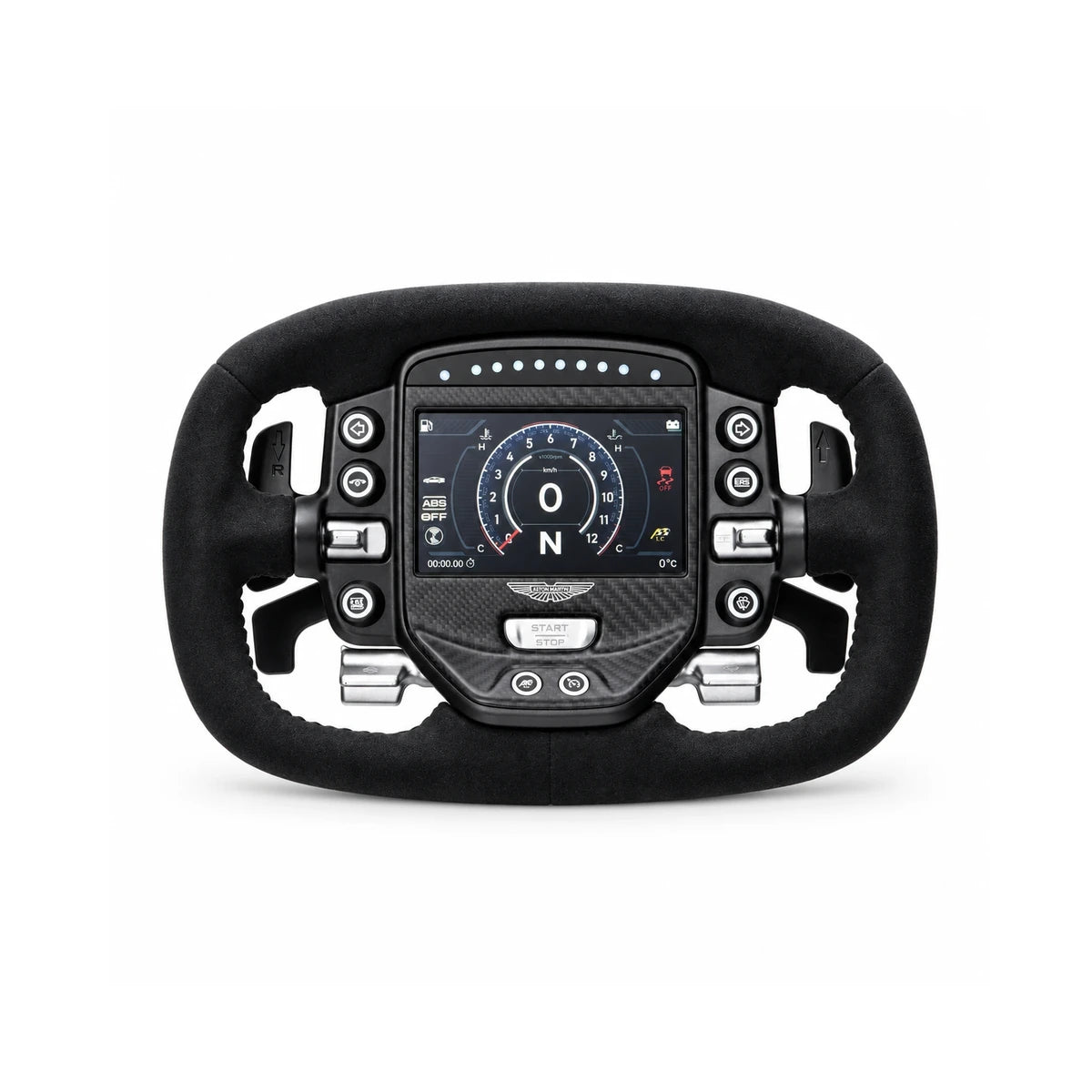 Simagic Aston Martin Valkyrie steering wheel, front view with the Valkyrie dashboard lit on the touchscreen and Alcantara rim