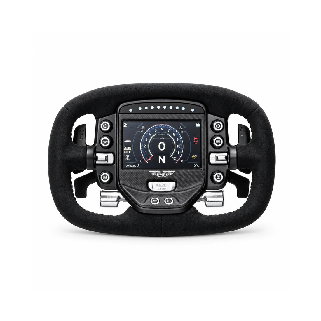 Simagic Aston Martin Valkyrie steering wheel, front view with the Valkyrie dashboard lit on the touchscreen and Alcantara rim