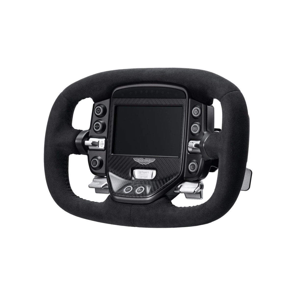 Simagic Aston Martin Valkyrie steering wheel, angled view of the carbon face, RGB buttons and Start/Stop button