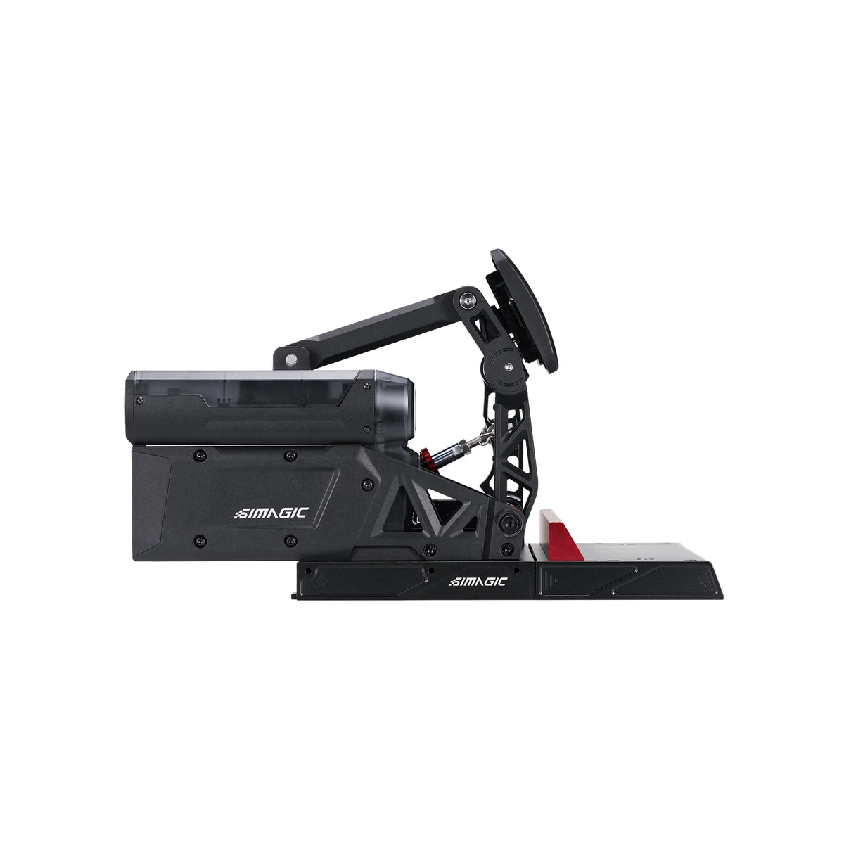 Simagic P-Active P1000-FB Bundle, side profile of the P-Active raised pivot arm and servo drive on the P1000 baseplate