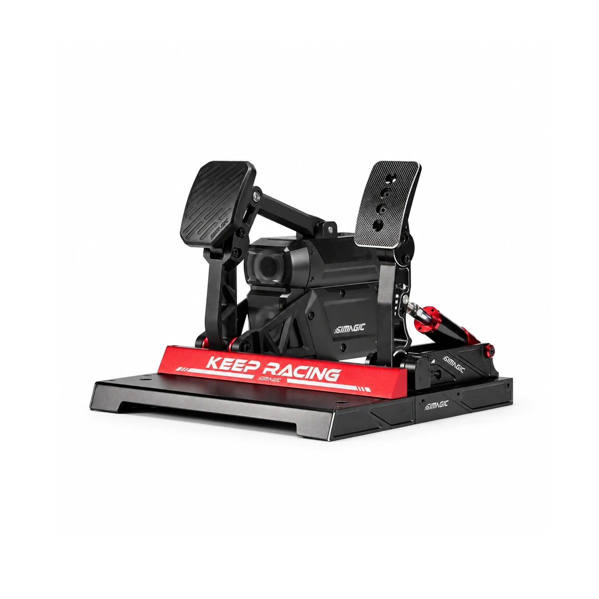 Simagic P-Active P1000-FB Active Pedal Bundle, three-quarter view of the active brake and P1000 throttle on the Keep Racing baseplate