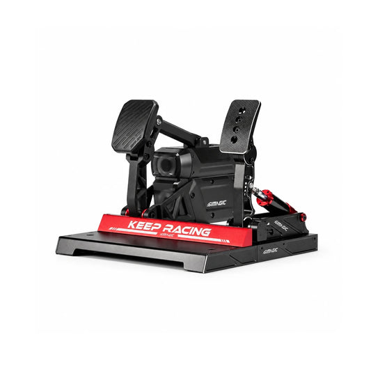 Simagic P-Active P1000-FB Active Pedal Bundle, three-quarter view of the active brake and P1000 throttle on the Keep Racing baseplate
