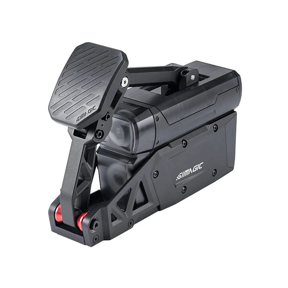 Simagic P-Active active pedal, front three-quarter view of the pedal face, red pivot bushings and servo housing