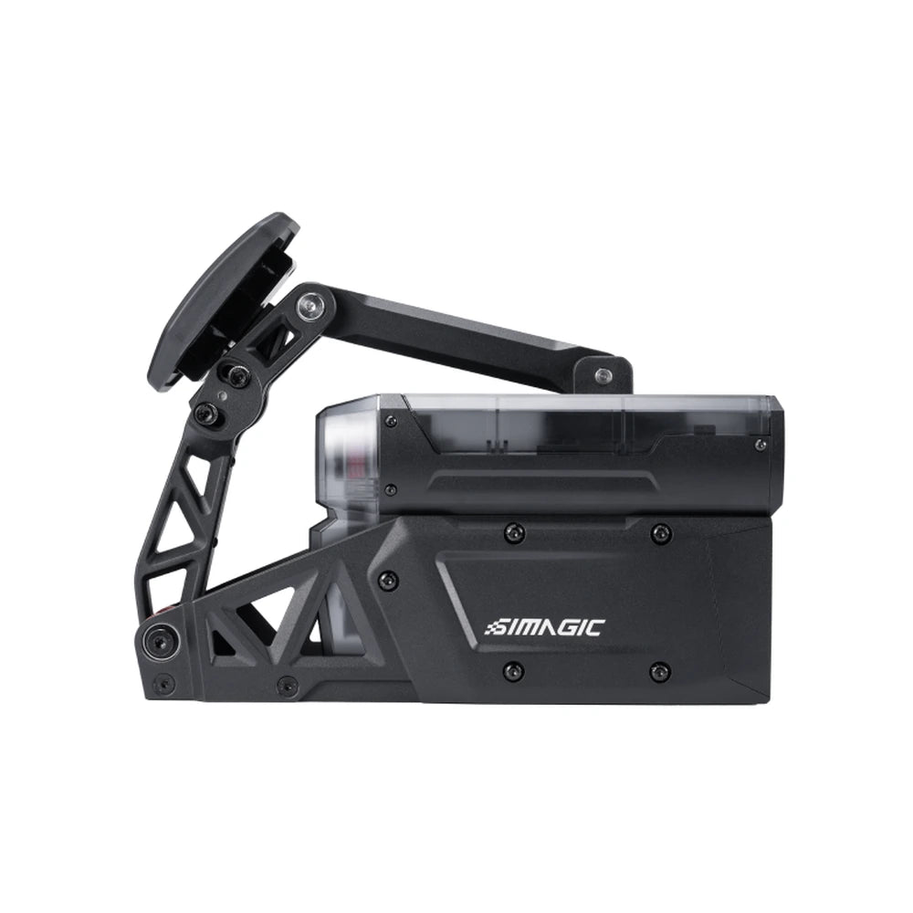 Simagic P-Active active pedal, side profile showing the pivot arm geometry, pedal linkage and servo actuator body
