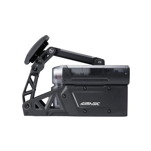 Simagic P-Active active pedal, side profile showing the pivot arm geometry, pedal linkage and servo actuator body