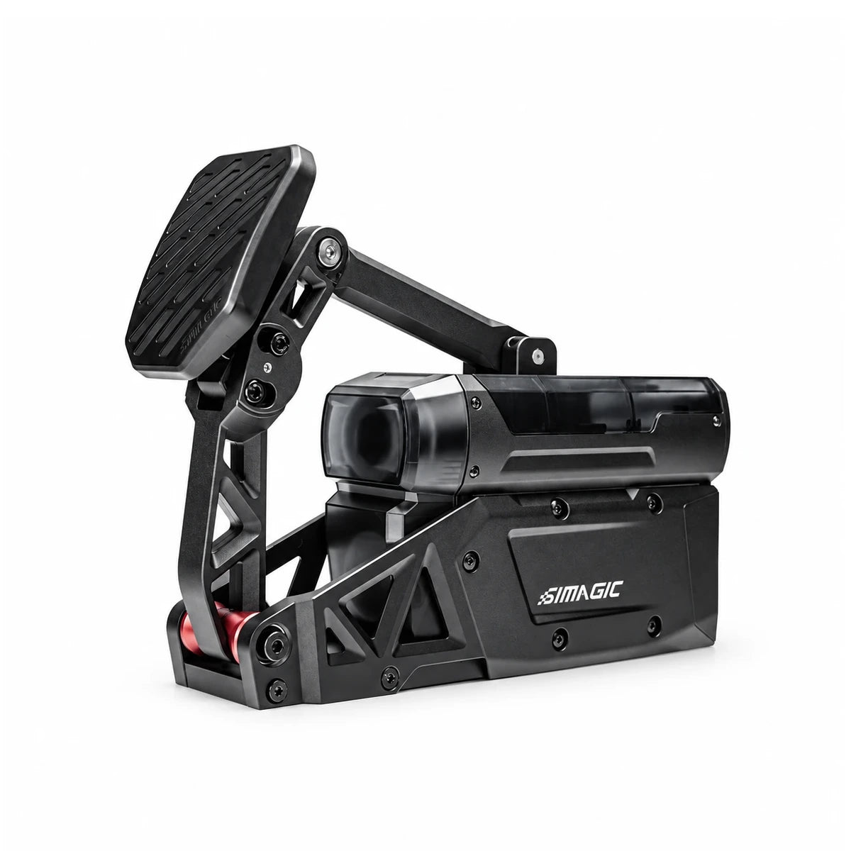 Simagic P-Active servo-driven active pedal, three-quarter view showing the raised pivot arm, textured pedal face and servo housing