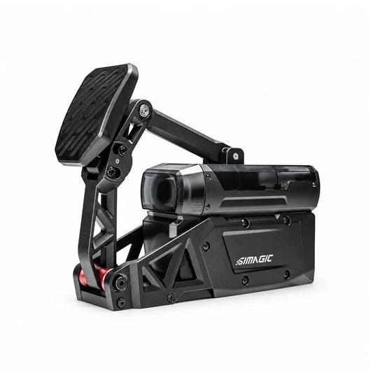 Simagic P-Active servo-driven active pedal, three-quarter view showing the raised pivot arm, textured pedal face and servo housing