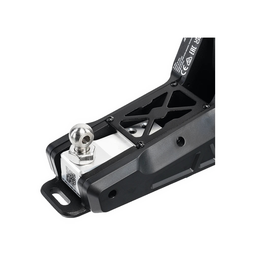 Close-up of the Simagic TB-NEO base, slotted mounting feet, X-braced chassis and stainless ball joint