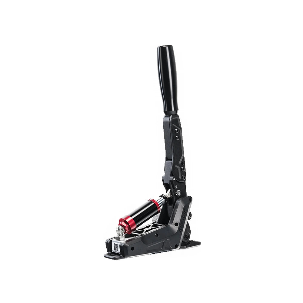 Simagic TB-NEO handbrake, three-quarter view from the opposite side showing the slotted mounting feet
