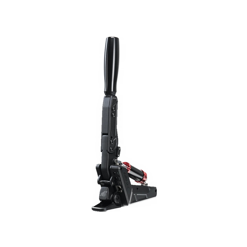 Simagic TB-NEO handbrake, three-quarter view with the lever upright and red elastomer damper at the base