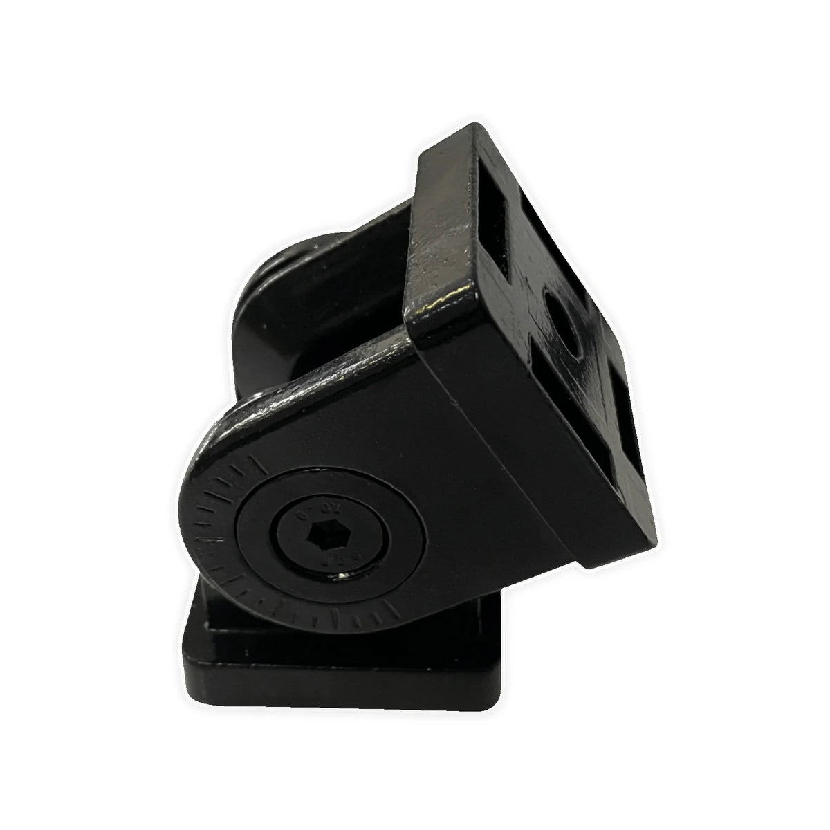 Trak Racer 40x40 pivot joint connector, angled view — zinc-alloy hinge locked between two extrusion faces