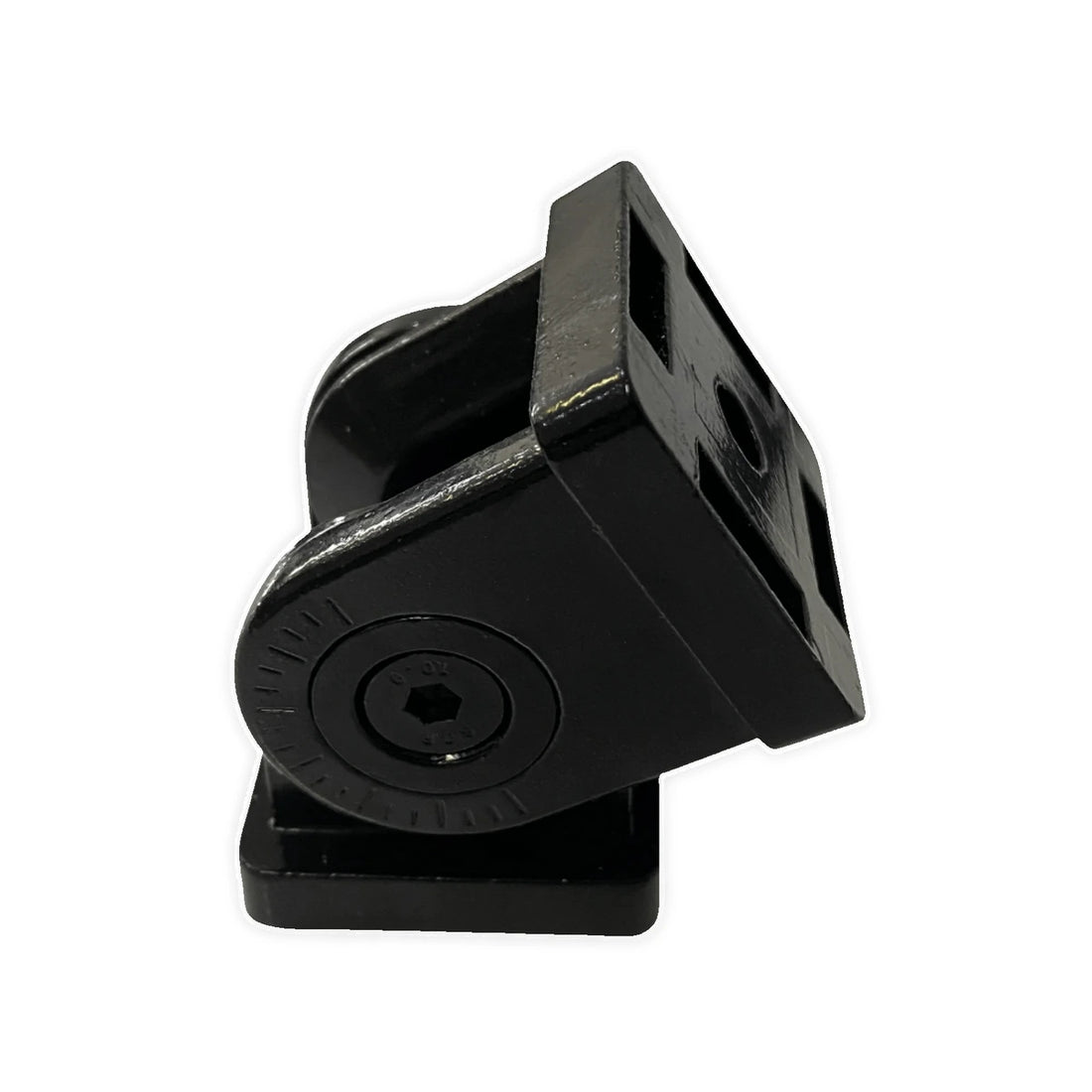 Trak Racer 40x40 pivot joint connector, angled view — zinc-alloy hinge locked between two extrusion faces