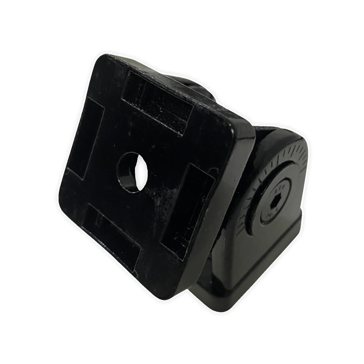 Trak Racer 40x40 pivot joint connector, front view — mounting face with central bolt hole for 8mm-slot extrusion