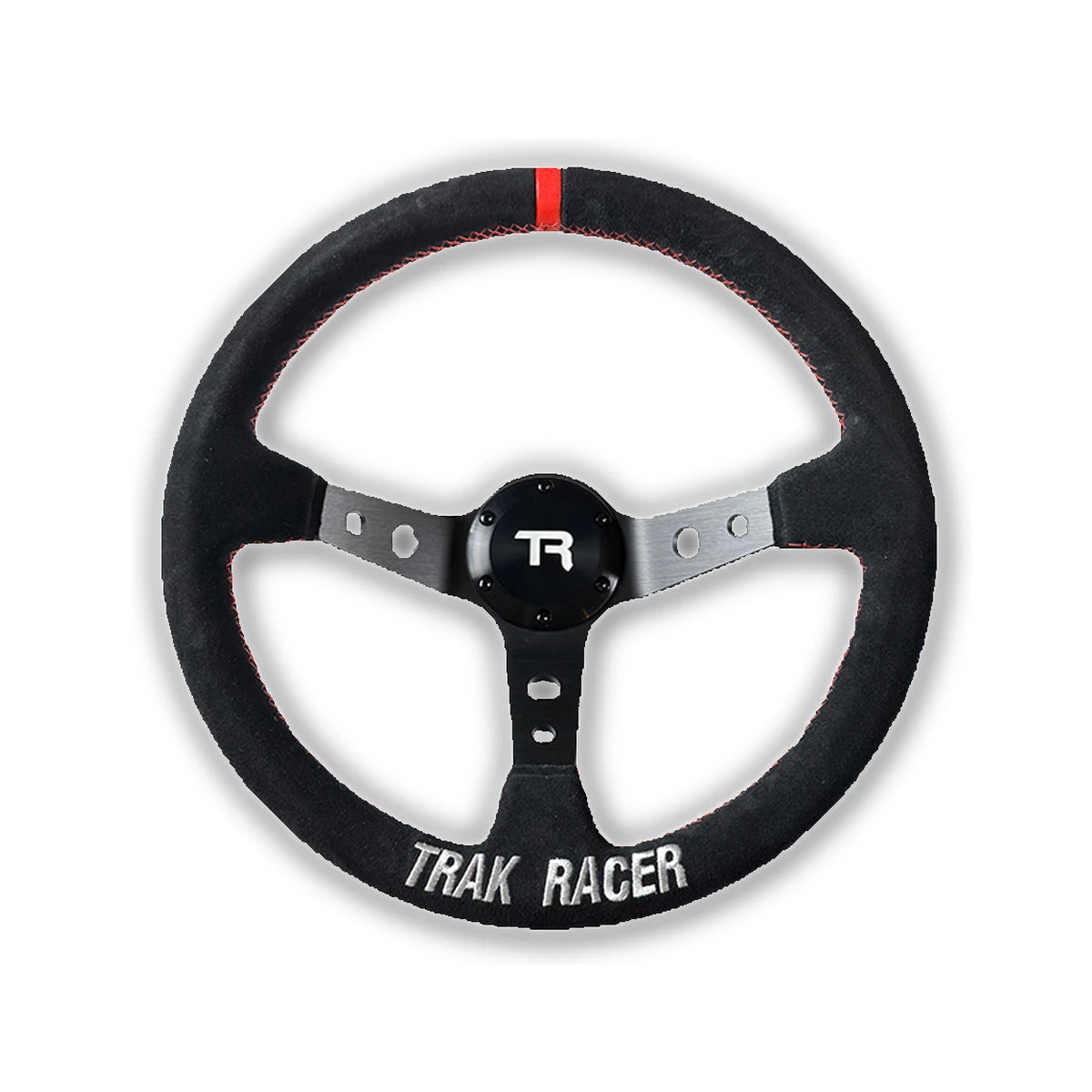Trak Racer Drift deep-dish 350mm steering wheel, front view with Trak Racer centre cap and red top marker