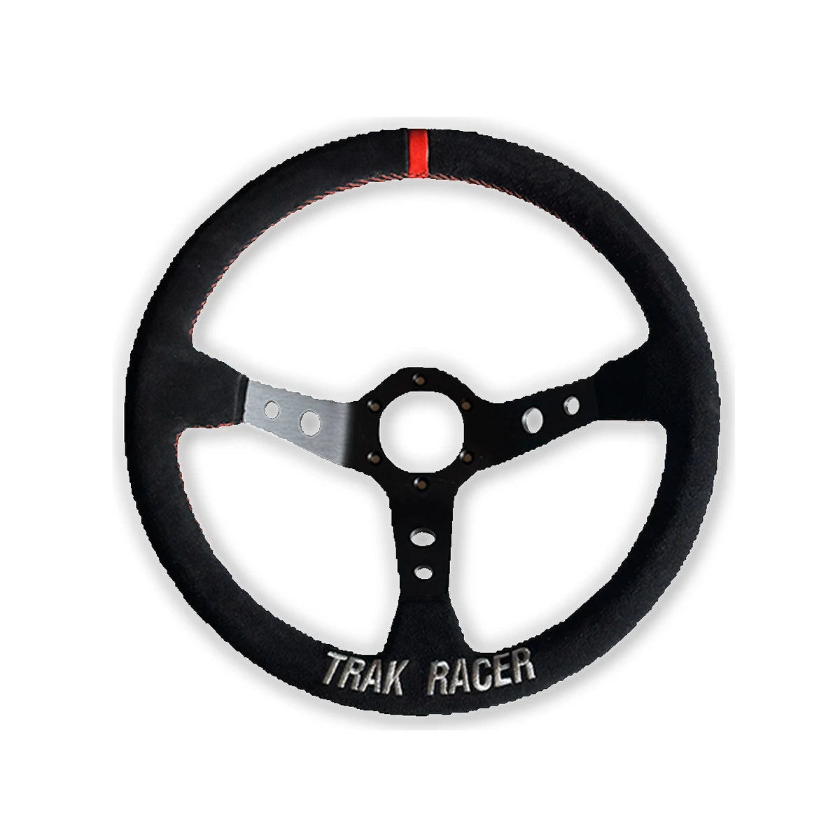 Trak Racer Drift deep-dish 350mm steering wheel, front view without centre cap showing the hub bolt holes