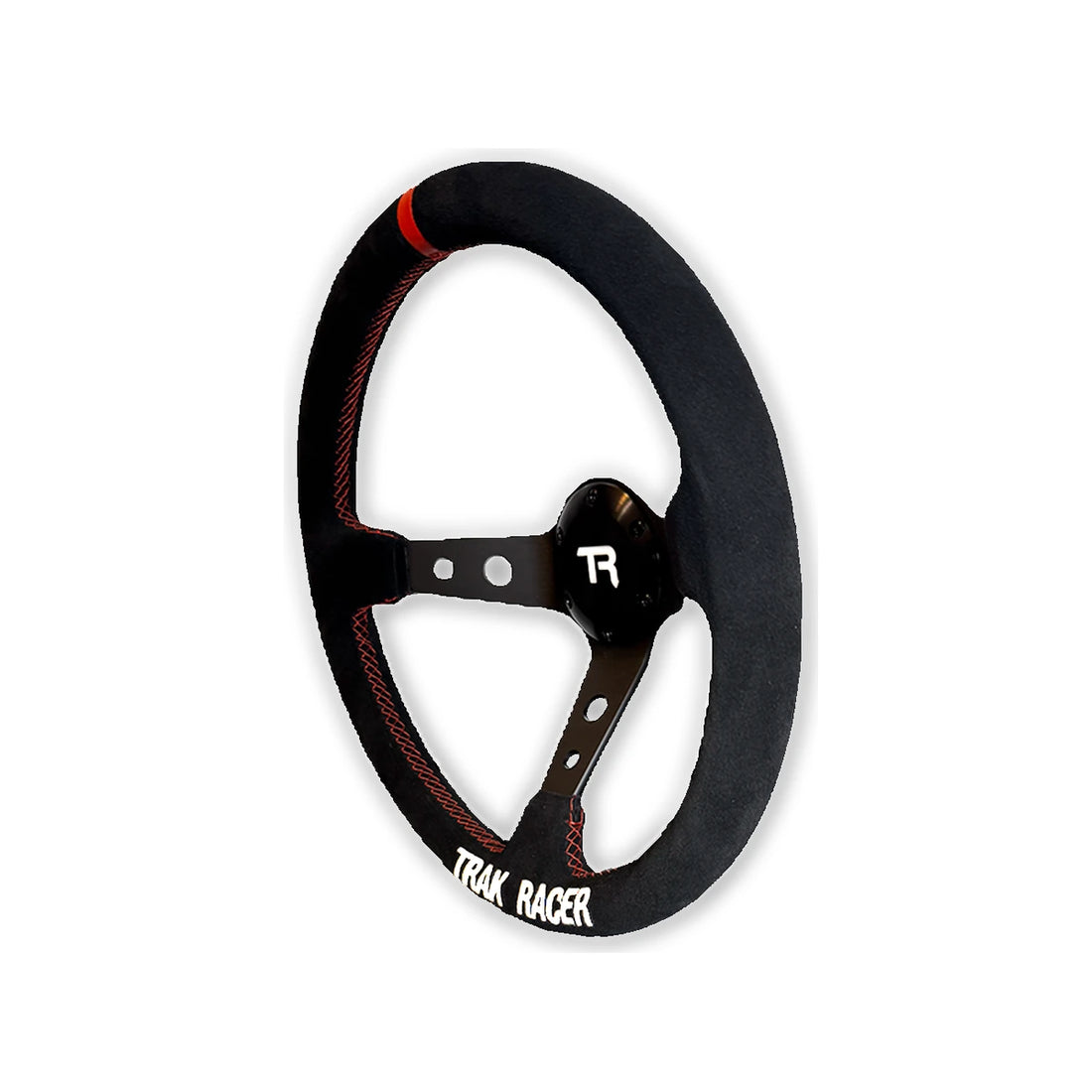 Trak Racer Drift deep-dish 350mm steering wheel, three-quarter view of the Alcantara-style rim with red stitching
