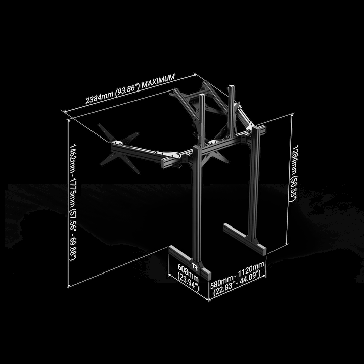 Trak Racer large freestanding quad monitor stand dimensions diagram — 2384mm max width