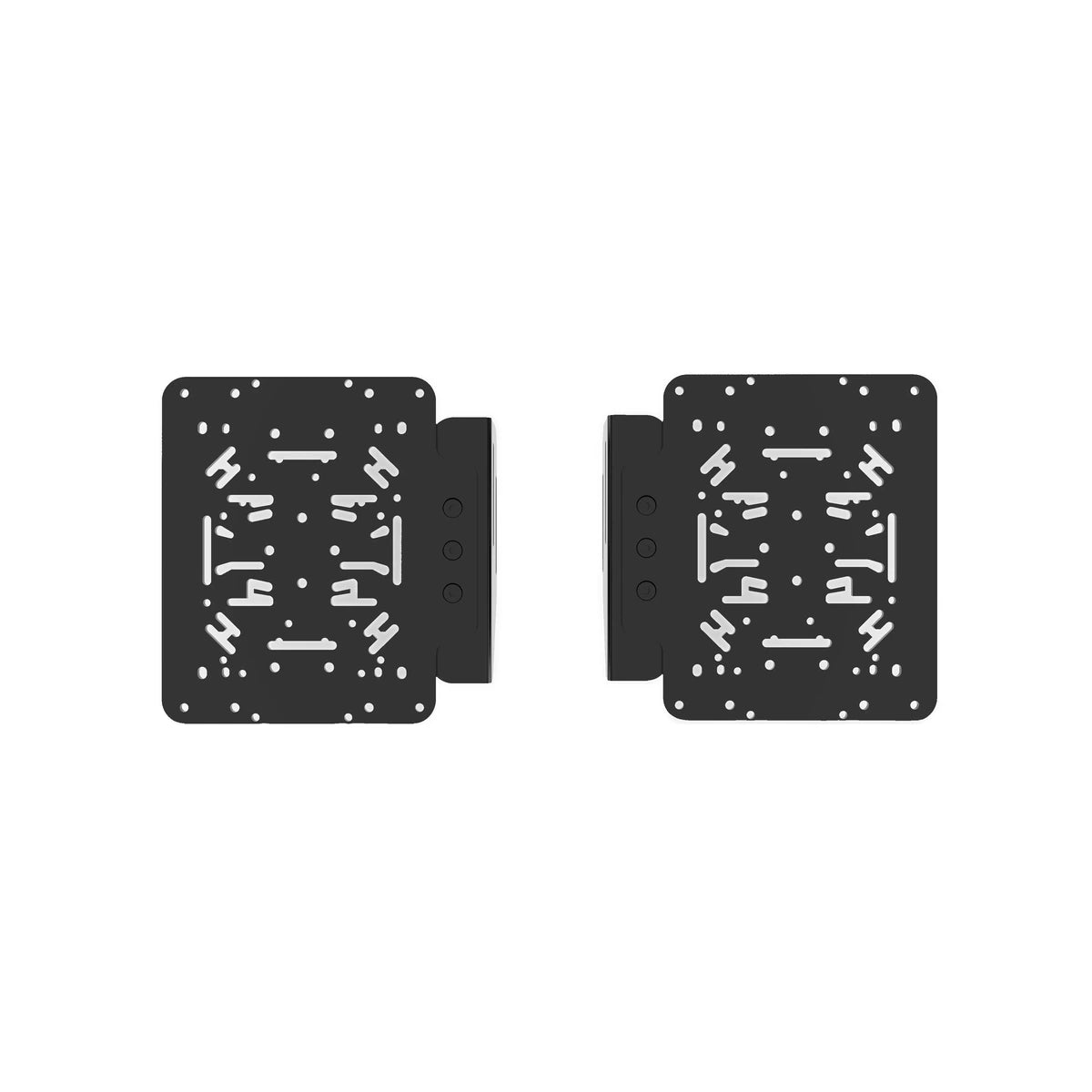 Trak Racer HOTAS flight sim mount pair, top view, left and right plates with multi-brand joystick and throttle bolt patterns