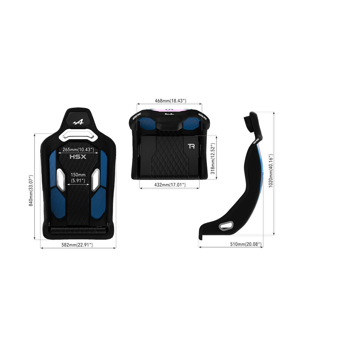 Trak Racer HSX Hybrid Formula Pro seat dimensions diagram with width, height and depth