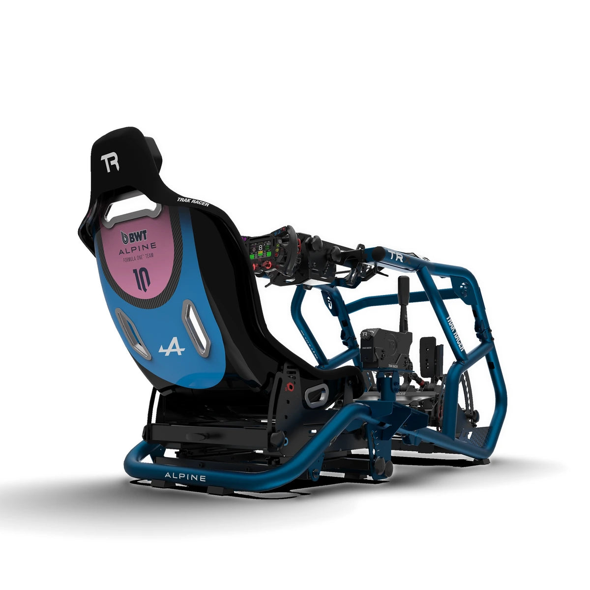 Trak Racer HSX Hybrid Formula Pro seat, BWT Alpine F1 Edition in an Alpine Racing TRX cockpit, rear three-quarter view