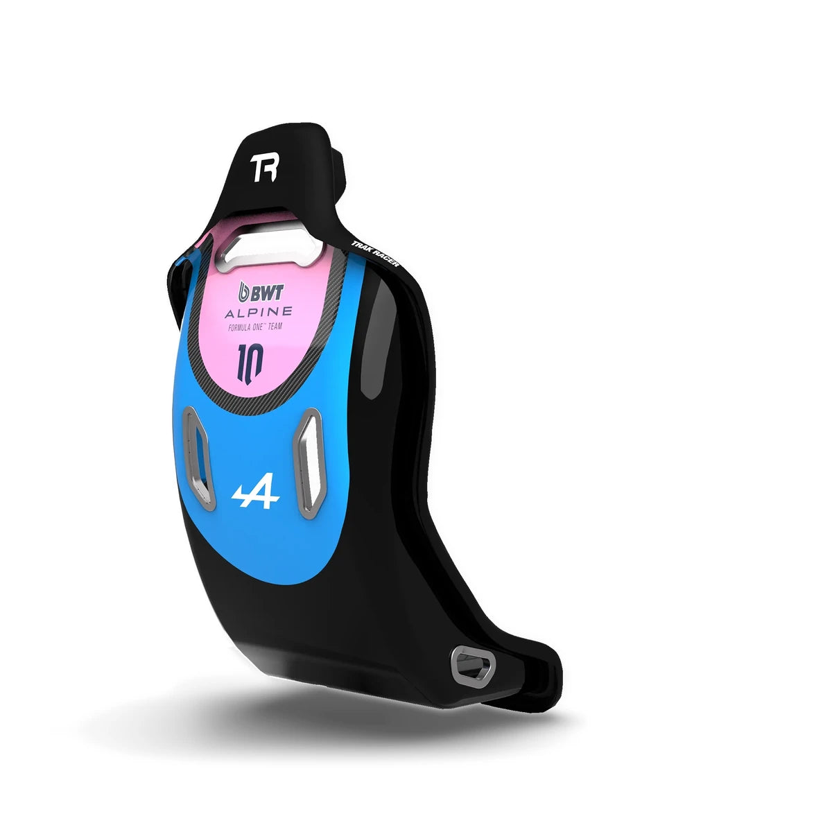 Trak Racer HSX Hybrid Formula Pro seat, BWT Alpine F1 Edition, rear three-quarter view of the blue and pink team livery