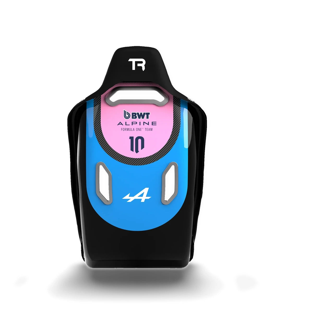 Trak Racer HSX Hybrid Formula Pro seat, BWT Alpine F1 Edition, rear view with BWT Alpine and Alpine logos on the shell