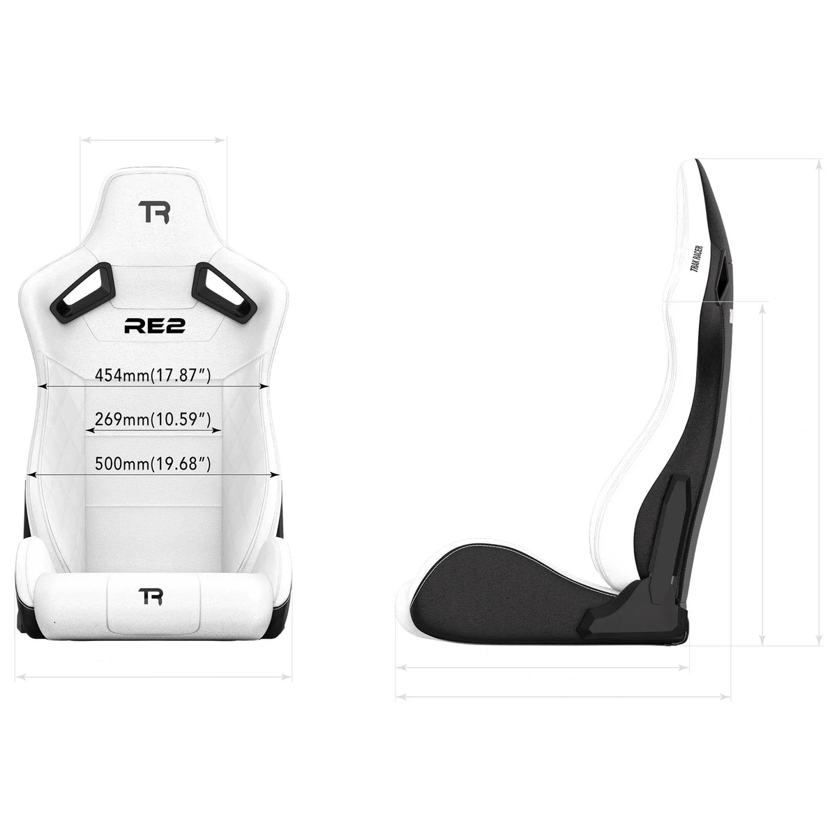Trak Racer RE2 sim racing seat dimensions — 454mm shoulder, 269mm waist and 500mm backrest widths