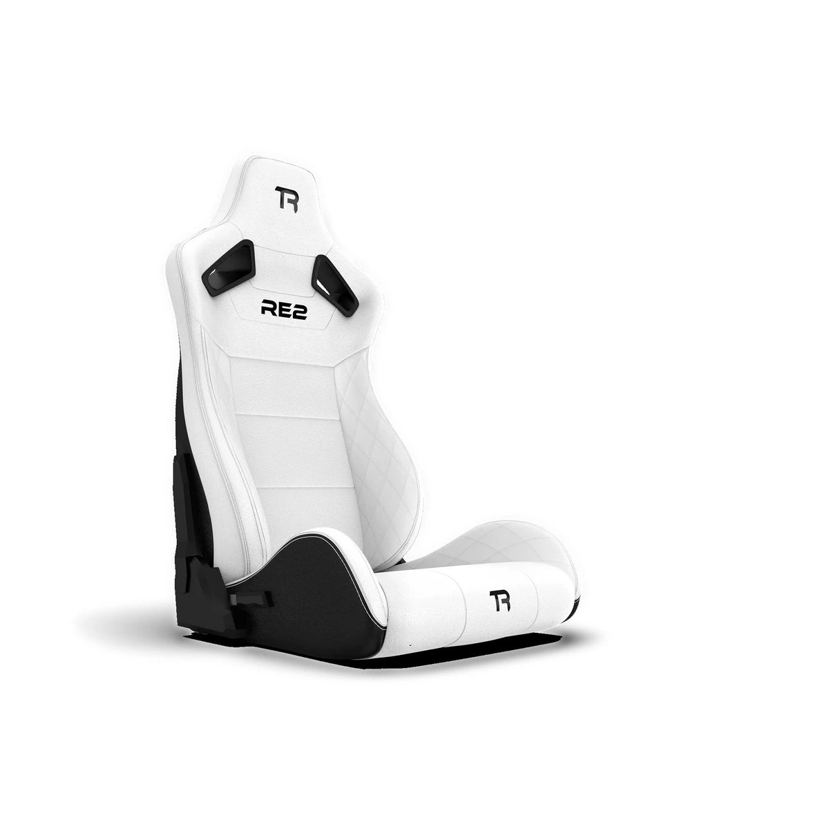 Trak Racer RE2 reclining sim racing seat, white, front three-quarter view — reclined backrest and bolstered base