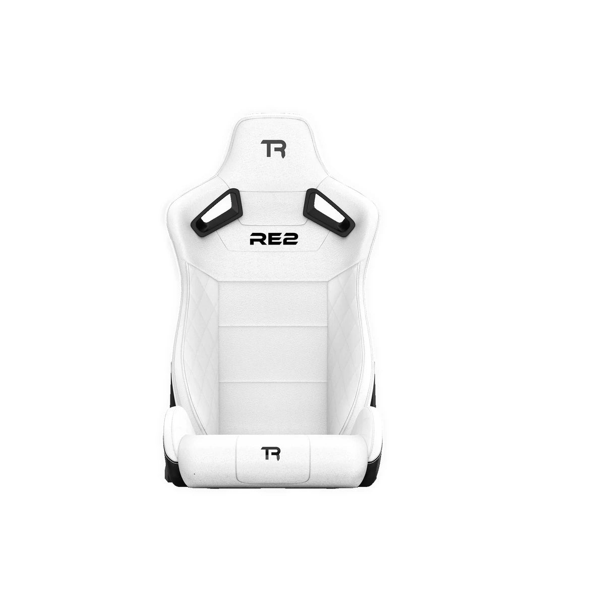 Trak Racer RE2 reclining sim racing seat, white, isometric view — upright backrest and diamond stitching