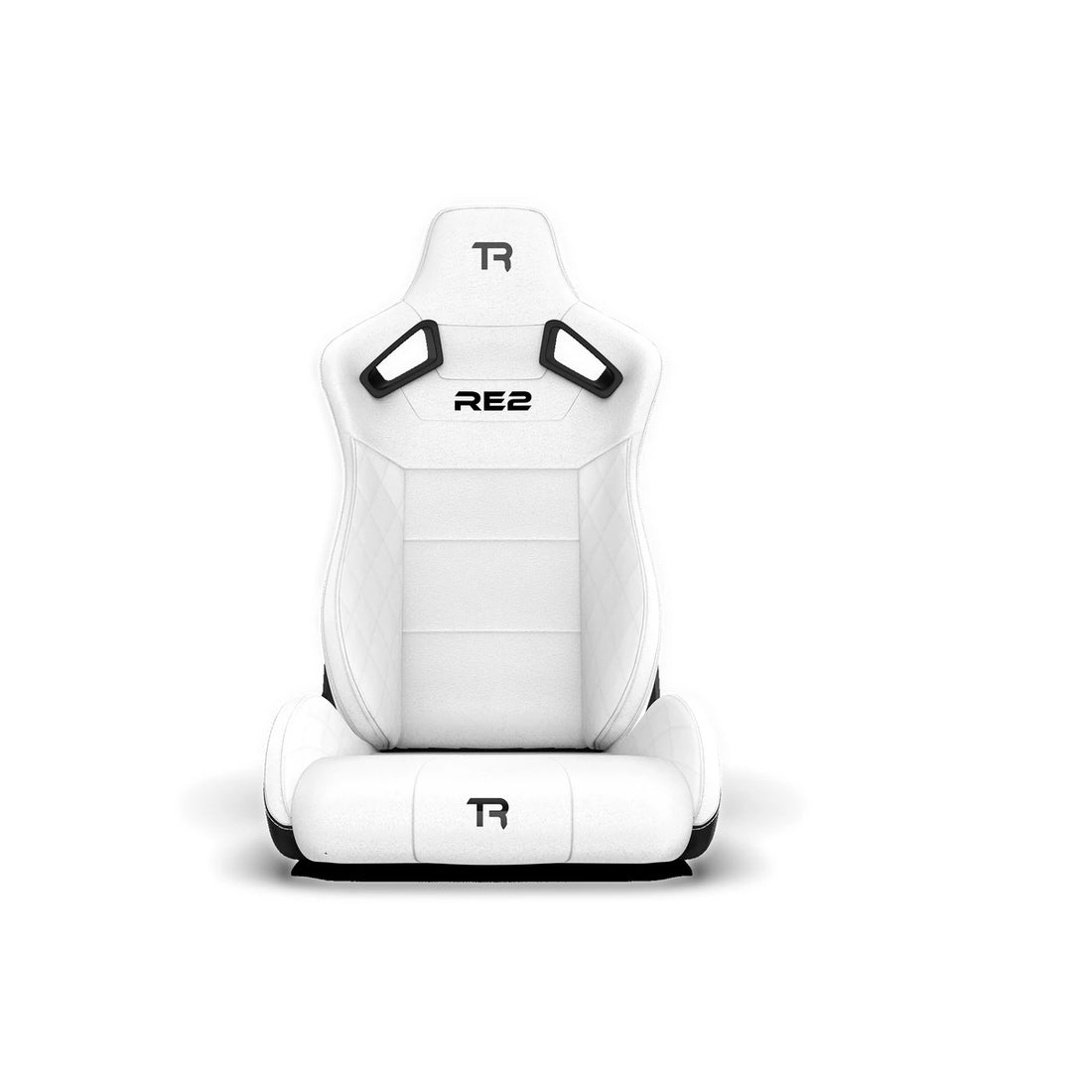 Trak Racer RE2 reclining sim racing seat, white, front view — diamond-stitched panels, side bolsters and RE2 badge