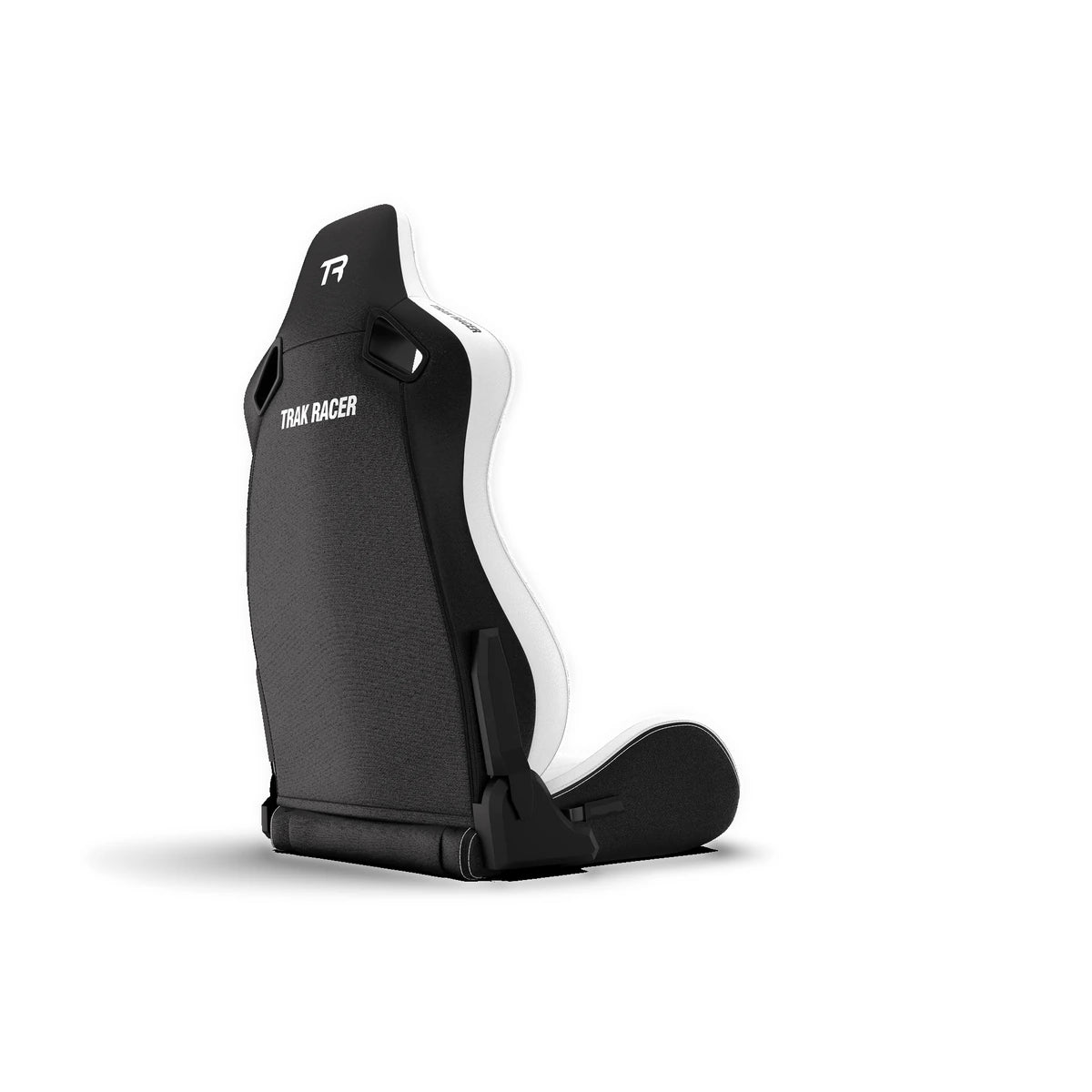 Trak Racer RE2 reclining sim racing seat, rear three-quarter view — black moulded shell and dual-lock recliner