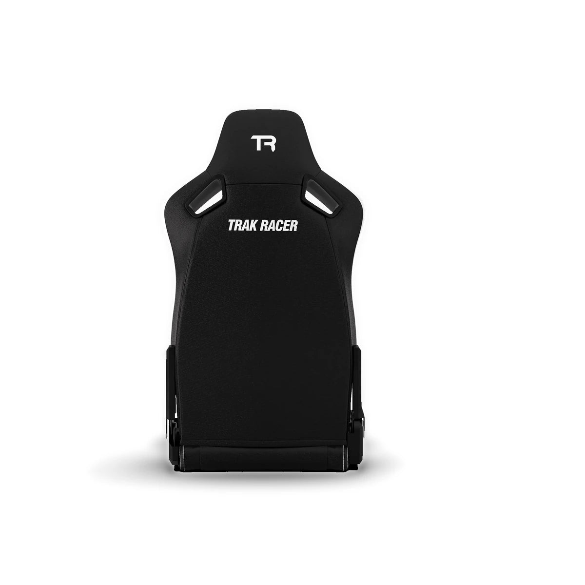Trak Racer RE2 reclining sim racing seat, rear view — black moulded shell back with Trak Racer branding