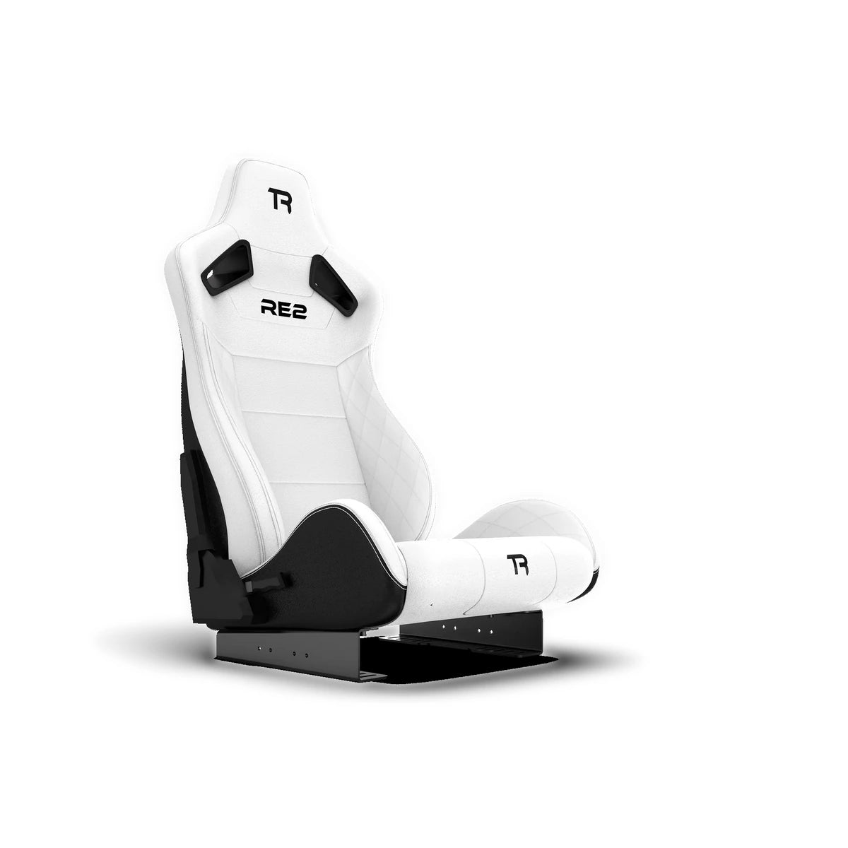 Trak Racer RE2 reclining sim racing seat, white, side-angle view — reclined seating position and lumbar support