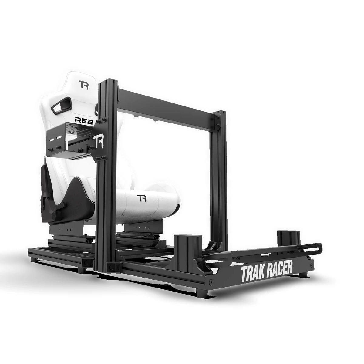 Trak Racer RE2 white seat mounted on a TR40S sim racing cockpit — cockpit sold separately