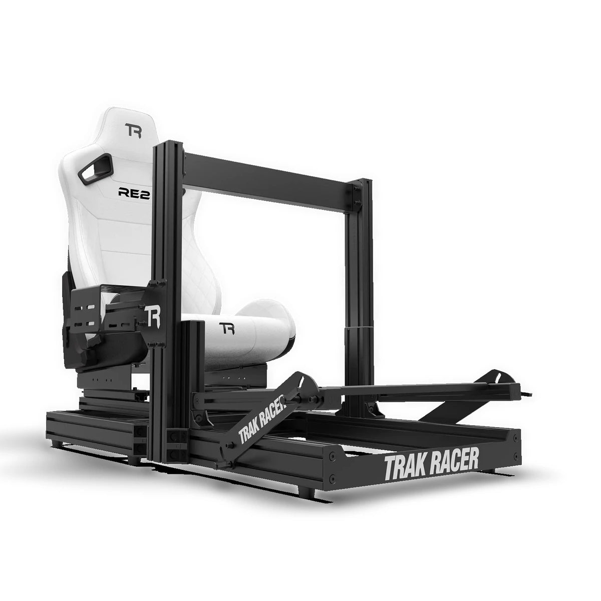 Trak Racer RE2 white seat mounted on a TR80S sim racing cockpit — cockpit sold separately